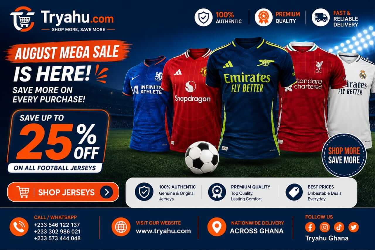 Shop Authentic New Season Football Jerseys In Ghana | Chelsea, Liverpool, Real Madrid, Barcelona & Ghana Black Stars | Tryahu